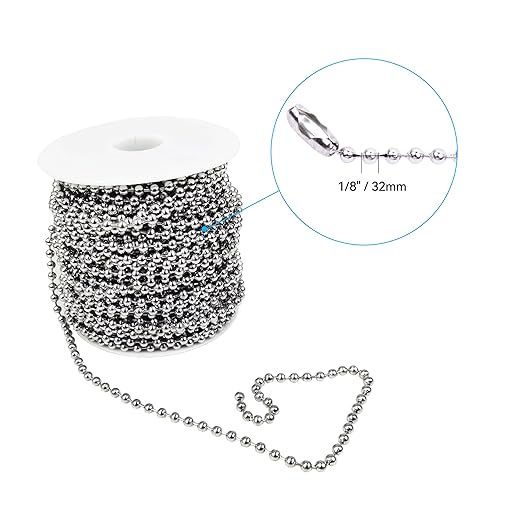 HFS(R) Ball Chain Spool Stainless Steel 304 Bead Chain with 100 Clasps for DIY Projects 100 Feet 1/8" (3.2mm) Diameter