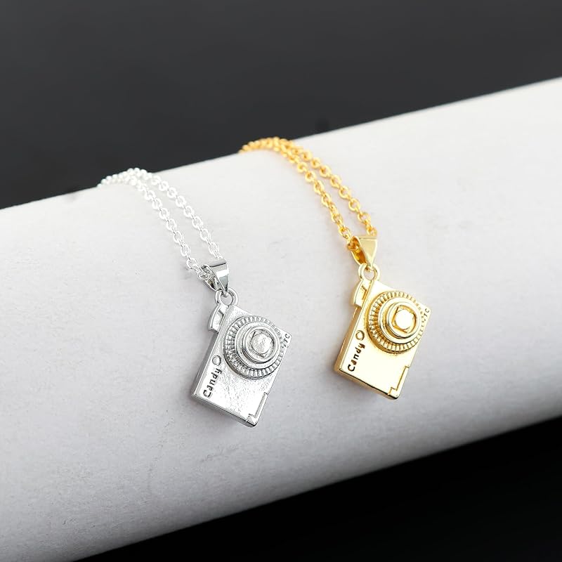 JOR Camera Charm Pendant Necklace, Photography Charm, Men and Women Unisex Jewelry, Dainty Gold & Silver Plated Combo Chain 18 inch (Pack of 2)