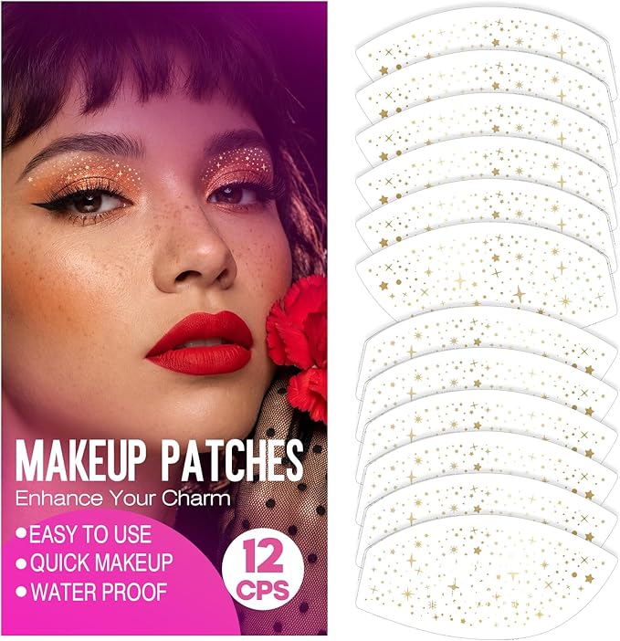 Golden Eye Speckles & Glitter Freckles Makeup Patches, Temporary Eyeliner Stickers with Star Designs for Glow Up, Cute Cosmetic Face Glitter Accessories for Women(6 Pairs)