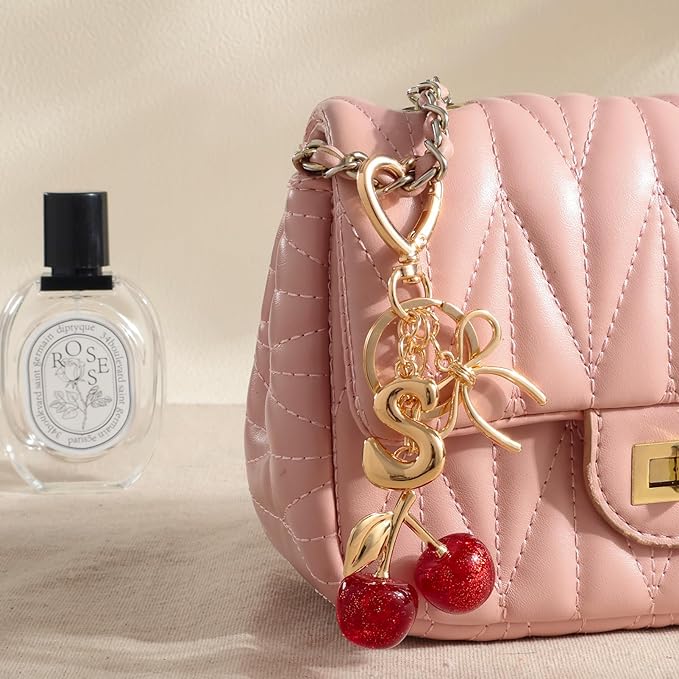 Snycler Bubble Initial Keychain with Cherry & Bow - Gold Letter Bag Charms for Women, Cute Purse Handbag Accessories