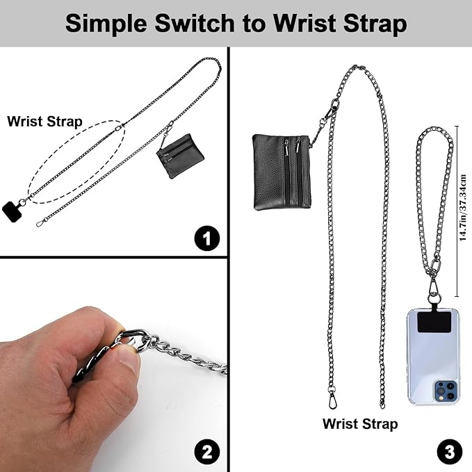 XANGNIER Clip and Go Strap for Phone with Wallet Crossbody, Phone Strap with Zippered Wallet, Adjustable Anti Theft Cellphone Lanyard for Women, Cellphone Chain Accessories,Chain Black