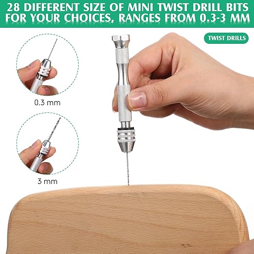 Mudder 57 Pieces Micro Hand Drill Bits Set with Pin Vise 46 Pcs Pin Vise Hand Twist Drills and 10 Pcs PCB Mini Cutting Bits for Resin Polymer Clay Craft DIY Jewelry(Silver)