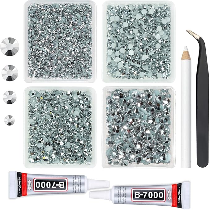 Metallic Silver Resin Rhinestones w B7000 Jewelry Glue for Bedazzling Crafting Flatback Stones 3mm 4mm 5mm 6mm Mine Silver Diamonds Crystals Gems for Nails Face Eyes Makeup Tumblers DIY Crafts