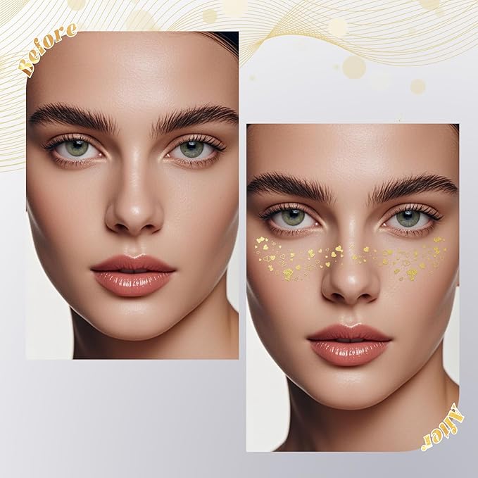 Glitter Freckles - Gold Fake Freckles, 6PCS Makeup Patches, Sweatproof Face Jewels for Women, Faux Face Glitter for Kids, Waterproof Glitter Freckles Face Tattoo, Party Makeup Accessory Face Glitter