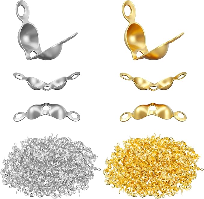600 Pcs Metal Open Bead Tips Knot Covers, Crimp Covers, Crimping Beads End Caps, Bulk Clamshell Bead Tips for DIY Bracelet, Jewelry Making (Silver, Gold)
