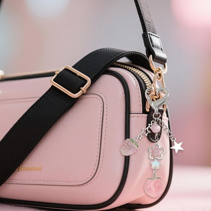 Cute Strawberry Keychain Y2k Keychain Purse Bag Charms for Handbags Aesthetic Peach Star Accessories Gifts for Women