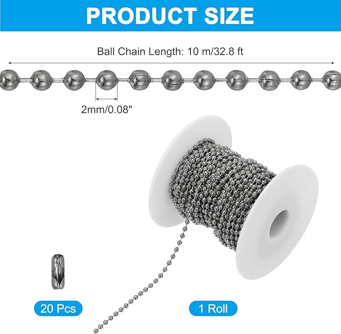PATIKIL 10m/32.8ft Beaded Ball Chain, 2mm Stainless Steel Pull Chain Extension with 20 Pcs Connectors for Tag Chain, Keychain Rings, DIY Crafts, Dark Silver
