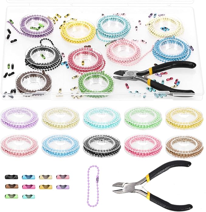 111Pcs 10 Colors 1M/39.37Inch Ball Bead Chain Assortment Kit Ball Chain Necklace with Connectors Clasps and Pliers Bead Link Chains for Dog Pet Tags DIY Necklace Bracelets Hanging Ornament