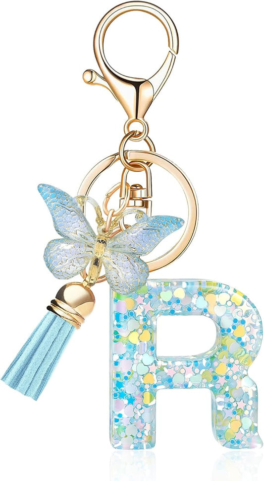 Fashion Alphabet Initial Letter Keychain Tassel Butterfly Pendant Key Ring for Purse Handbags Women Girl