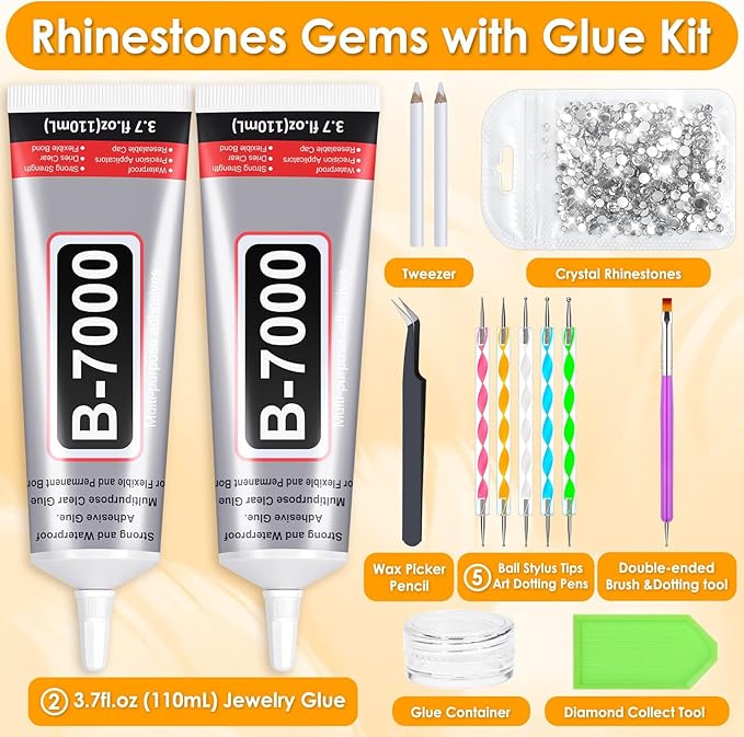 B7000 Glue Clear with Precision Tip, 2Pcs 110mL Jewelry Bead Gem Tac Glue, Bedazzling Adhesive with Silver Rhinestones, Dotting Pen Tool for Jewelry Making Clothe Fabric Shoes DIY Crafts Nail Art