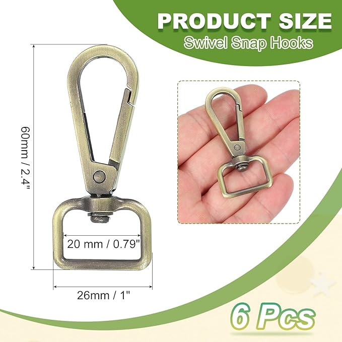 Swivel Snap Hooks, Metal D Ring Keychain Lanyard Clip Hook Lobster Clasp Claw Push Gate Clip - Fitting for(Purse Making - Sewing - DIY Crafts) 6 Pcs & 3/4" & Bronze Patina