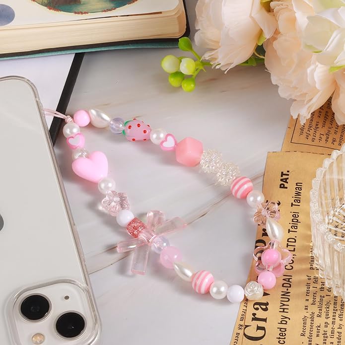Draupnir 4pcs Phone Charms Strap, Butterfly Bow Camera Strap Wrist Beaded Phone Bracelet Wrist Straps, Pearl Bracelet Lanyard Keychain Charm for Women