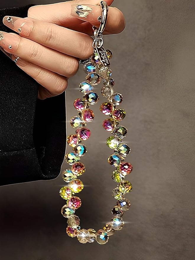 Crystal Phone Wrist Strap Phone Charm Chain Keychain Beaded Cellphone Lanyard with Tether Tab Hands-Free Wristlet Bracelet Wrist Grip Strap for Women, D-Rainbow