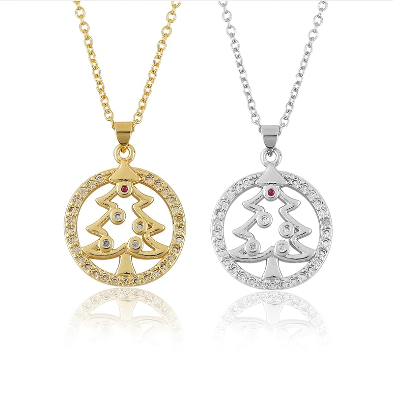 JOR Xmas Tree Charm Pendant Necklace, Women Jewelry, Dainty Gold & Silver Plated Combo Chain 18 inch (Pack of 2)