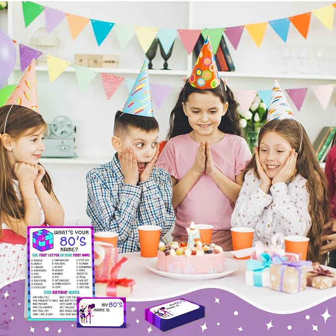 80s Theme Party Decorations, 80'S Theme Birthday Party Sign Decoration for Boys Girls, Kids Activity Cards, What's Your 80'S Name, Activity Decoration Supplies