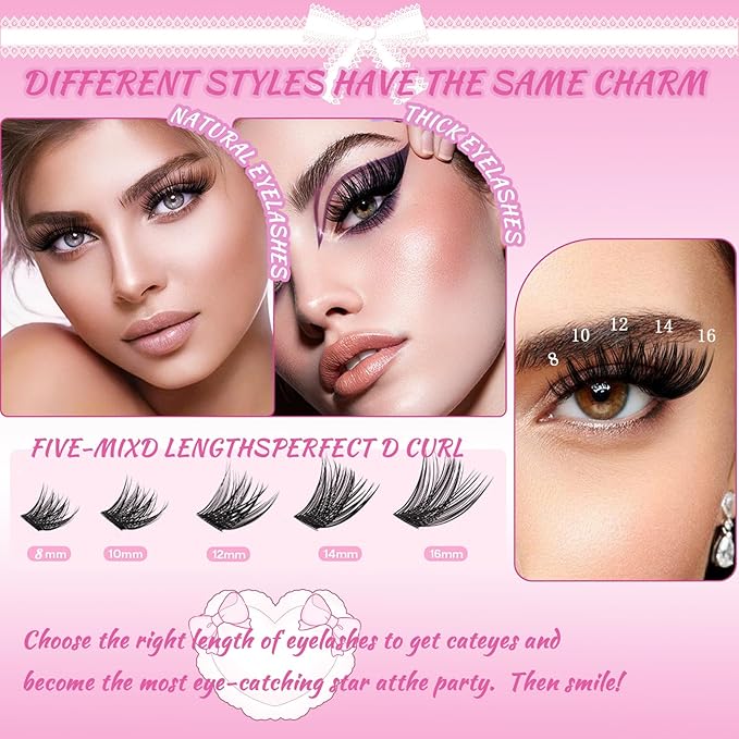 Feinner Lash Clusters Kit, Wispy Eyelash Clusters Lashes Natural DIY Lash Extension Kit, 8-16mm Cluster Eyelash Extensions Kit with Lash Bond and Eyelash Remover (DF02)