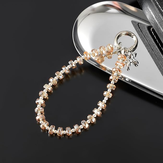 Crystal Phone Wrist Strap Phone Charm Chain Keychain Beaded Cellphone Lanyard with Tether Tab Hands-Free Wristlet Bracelet Wrist Grip Strap for Women, W-Amber
