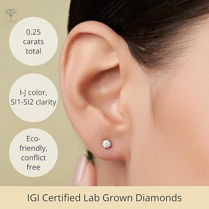 1/4-2 Carat IGI Certified Lab Grown Diamond Stud Earrings | Solitaire Real Diamonds Earring for Women in I-J Color & SI1-SI2 Clarity | 14K Gold Diamond Studs with Secure Backs by MAX + STONE