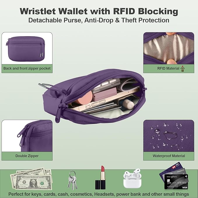 Clip and Go Strap for Phone with Wallet Crossbody, Adjustable Phone Lanyard with Detachable RFID Wristlet Wallet, Pattern Strap, Dark Purple(M)