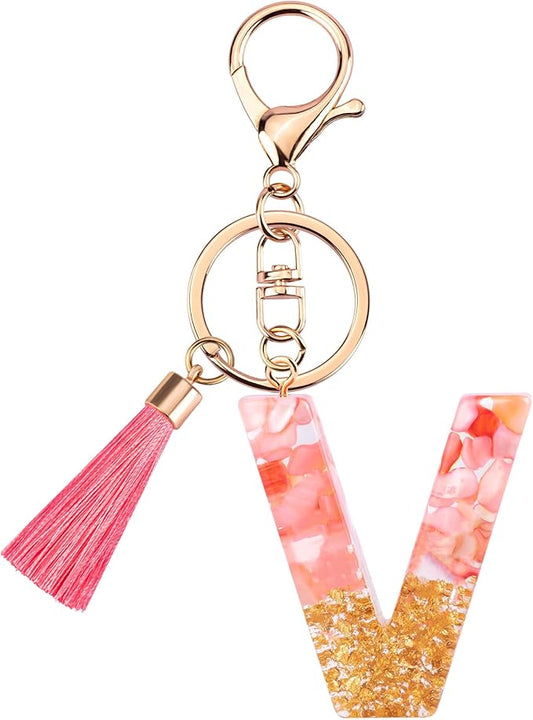 Suweibuke Cute Pink Key Chains for Women Girls, Initial Letter Keychains with Tassel, Charms for Key Purse Handbags Backpacks