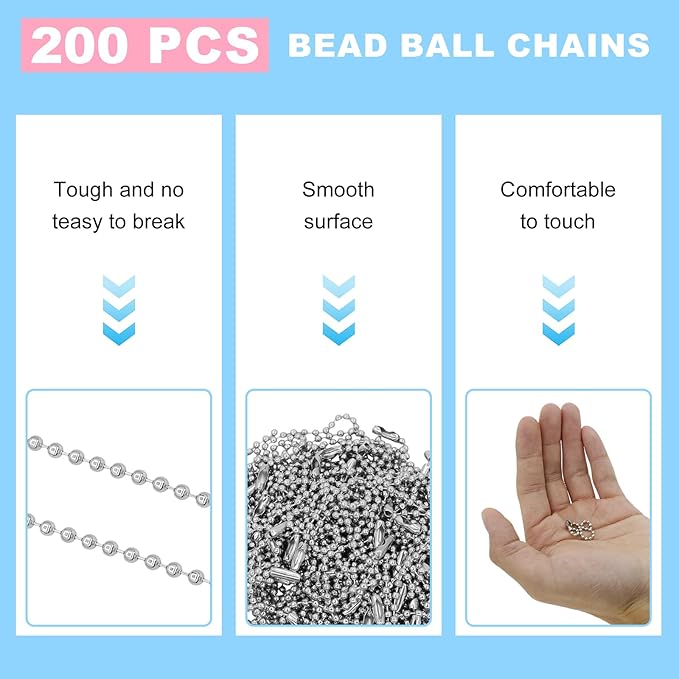 200 pcs Bead Ball Chains,4 Inch Keychain Rings,for Jewelry Making DIY Crafts Hanging Decoration（Silver）