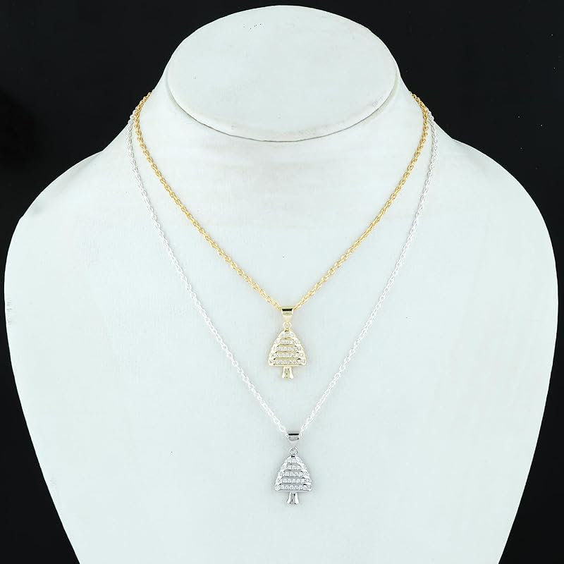 JOR Mushroom Charm with CZ Pendant Necklace, Food Lover Charm, Women Jewelry, Dainty Gold & Silver Plated Combo Chain 18 inch (Pack of 2)