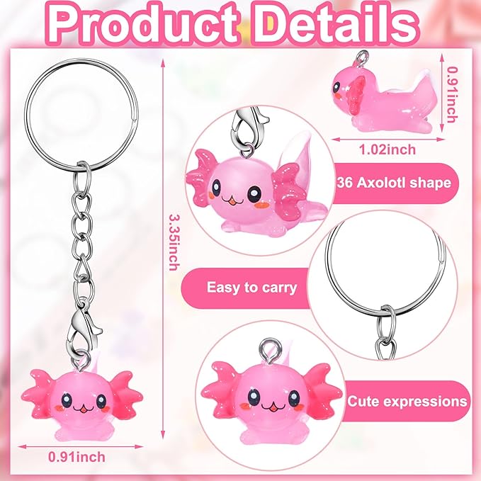 Liliful 36 Pcs Axolotl Keychains Resin Axolotl Party Supplies Mini Animal Key Chains Kawaii Salamander 3D Figurine Pendant