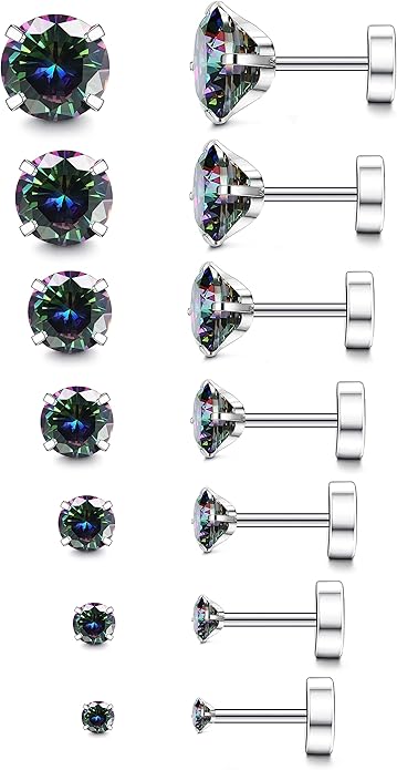 Fansilver 20G Hypoallergenic Flat Back Earrings for Women Men Silver 14K Gold Stainless Steel Stud Earrings Brithstone Cubic Zirconia Studs Surgical Steel Cartilage Earrings for Sensitive Ears