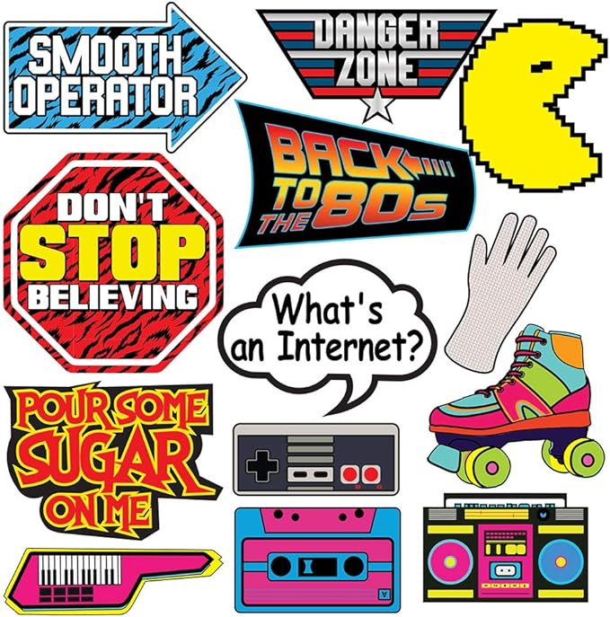Retro 80's Photo Prop Set - 37 pcs - Funny 1980's Theme Party Decoration, Favors & Supplies