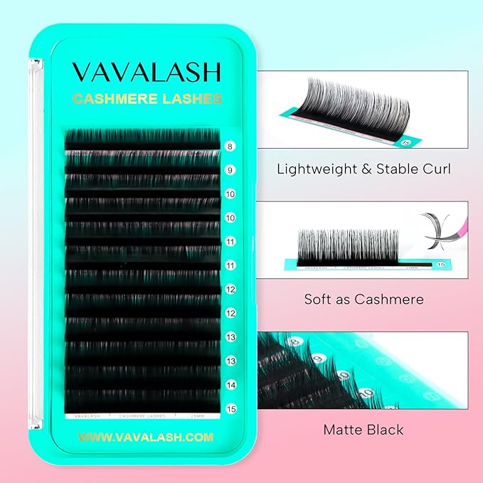 VAVALASH Cashmere Eyelash Extensions 0.03/0.05/0.07/0.15 Premium Lashes B L J Curl Volume Lash Extensions, Soft Super Matte Black Professional Lashes Extension Tray Supplies (0.15-J-8-15MM)