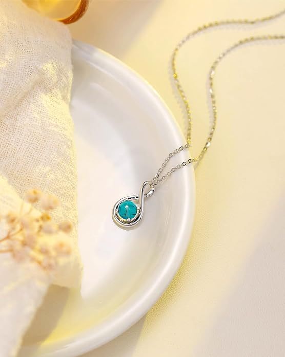 FANCIME 14K Solid Gold Birthstone Pendant with Sterling Silver Chain Infinity Gemstone Necklace Fine Jewelry Anniversary Birthday Christmas Gifts for Women Wife Her