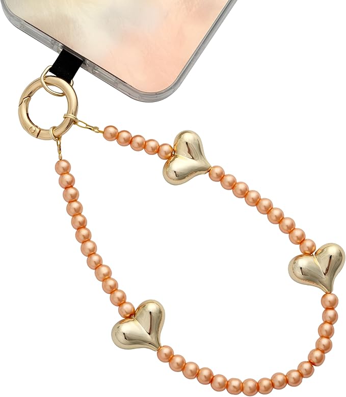 Beaded Phone Wrist Strap for Women Pearl Wristlet Strap Cute Phone Lanyard Golden Heart Shaped Bead Cellphone Chain (Orange)