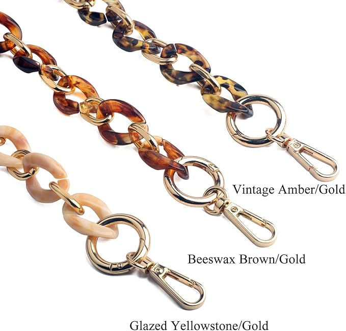 BEAULEGAN Acrylic Purse Chain Handle Strap Replacement for Handbag or Shoulder Bag Set of 2, 15.8 Inches Long (Vintage Amber/Gold)