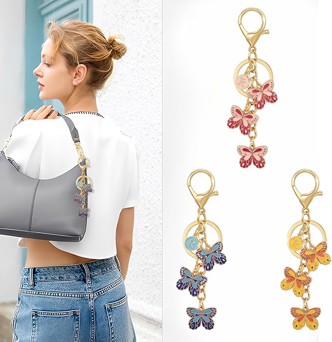 Double-sided Cute Butterfly Initial Letter keychain Butterfly Charms for key Handbag Backpack for Women