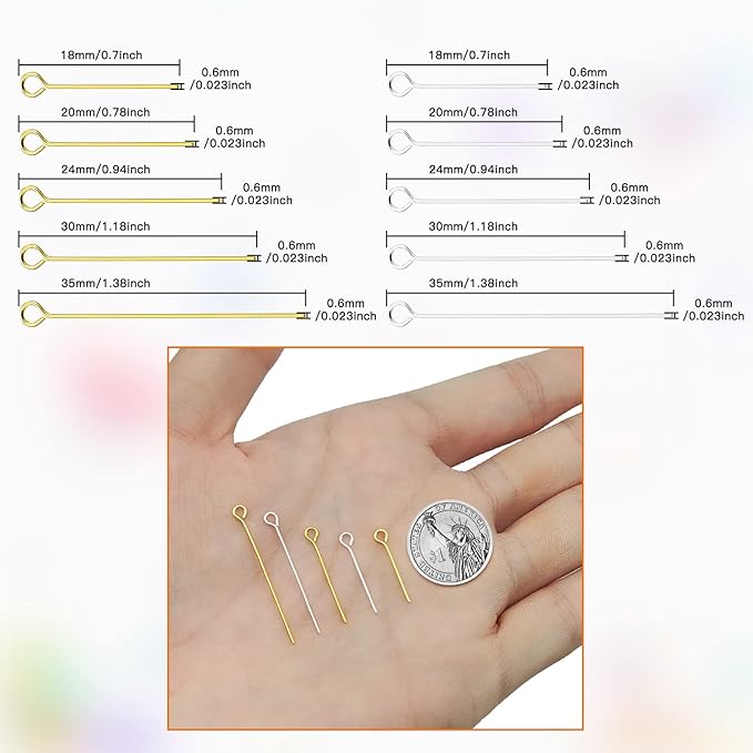 2000pcs Assorted Head Pins Set for Jewelry Making,Open Eye Pin Head Pins Eye Pins Findings Beading Pins for DIY Craft Making,Gold/Silver(18mm,20mm,24mm,30mm,35mm)