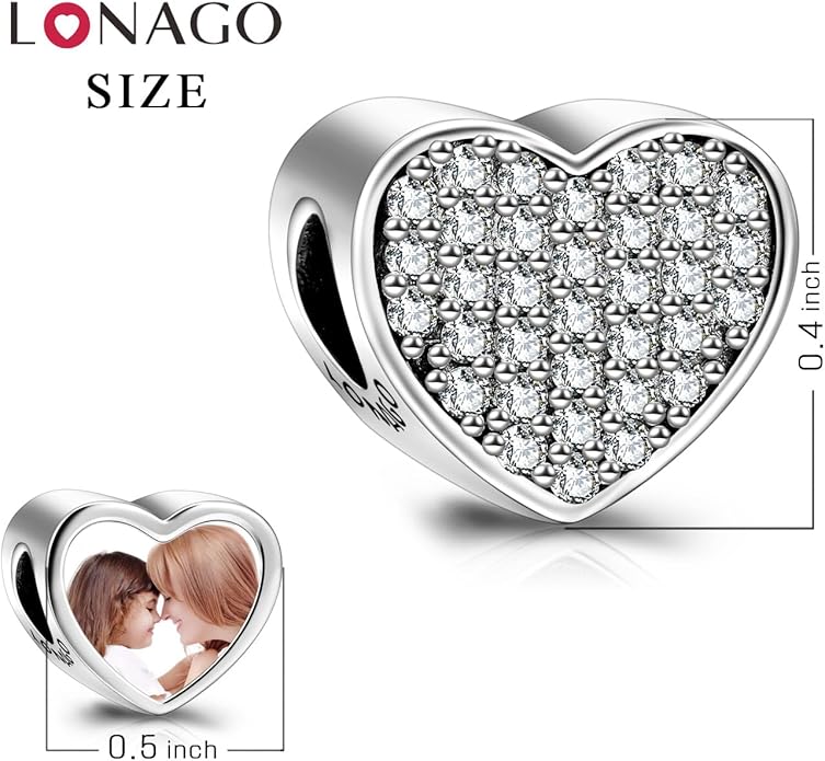 LONAGO 925 Sterling Silver Personalized Photo Charm Fit Compatible for Bracelet Necklace Customized Heart Round Shape Picture Bead