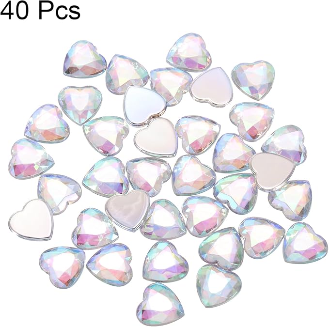 MECCANIXITY 40 Pcs Acrylic Heart Rhinestone 12mm Flat Back Plastic Gems Jewelry Stickers for Craft Bead Face Painting Costume Jewelry Making, Multicolor