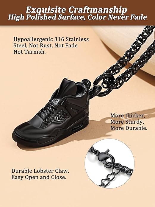 Bestyle Sneaker Shoe Necklace for Men, Chunky Vintage Black Gold Shoe Pendant Cool Cute Sport Jewelry for Brother Husband