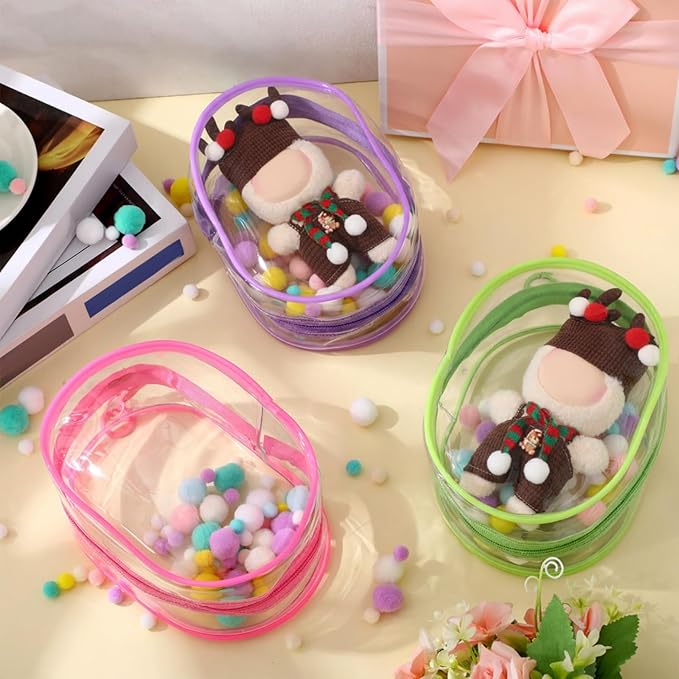 6 Pcs 7 Inch Clear Figure Display Bag with Keychain Large Doll Hanging Blind Box Display Case Clear Keychain Pouch with 2 Pcs Plush Balls for Figures Collectibles, Doll Collector(Mixed Color)