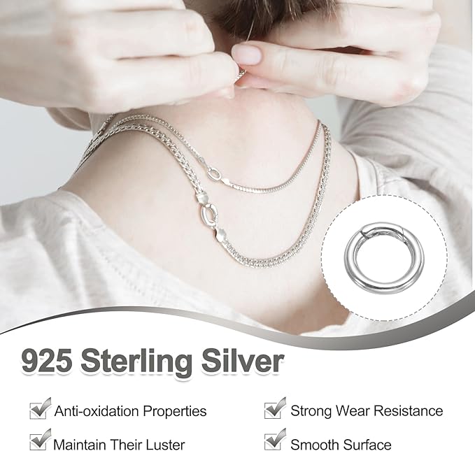 PATIKIL 11.6mm 925 Sterling Silver Spring Gate Rings, 2Pcs Round Spring Clasps Necklace Enhancer Shortener Closures Connector for Jewelry Making Necklaces DIY, Silver Tone
