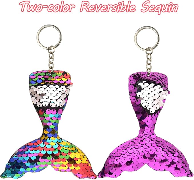 FEPITO 20 PCS Glitter Mermaid Tail Keychains for DIY Projects and Crafts, Mermaid Sequins Keychains Under The Sea Birthday Party Supplies Gifts