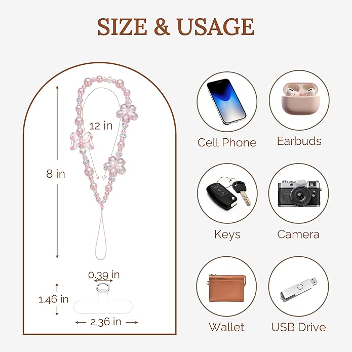 Pink Flower Phone Charm Wrist Strap, Cherry Blossom and Butterfly Beaded Lanyard Wristlet Chain, Anti-Theft & Hands-Free Bracelet Strap for iPhone & More Cell Phone Cases