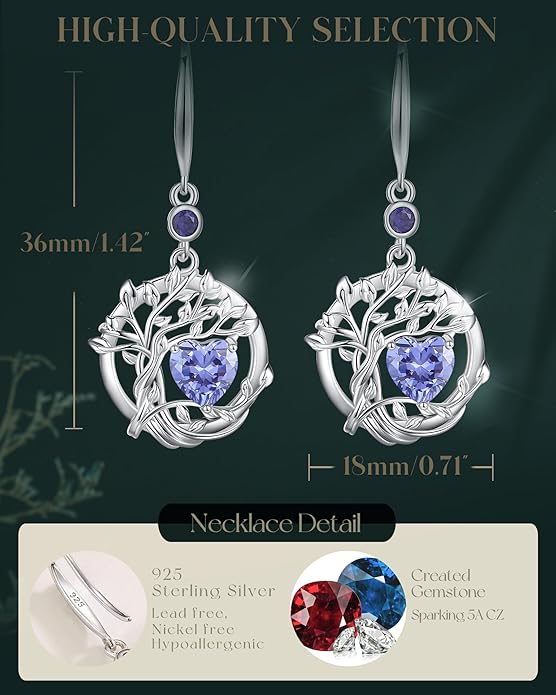 FANCIME Tree of Life Dangle Drop Earrings 925 Sterling Silver Dainty Round Gemstone Birthstone Earring Fine Jewelry Birthday Christmas Gifts for Her Women