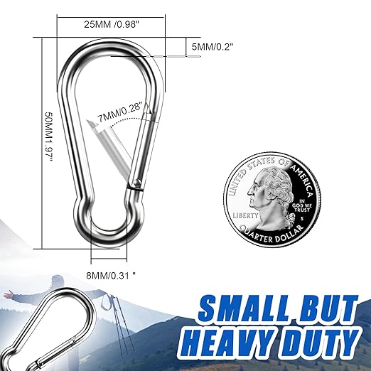 Small Carabiner Clip Hooks, 50pcs 1.97 inch Carabiners Heavy Duty, 304 Stainless Steel Spring Snap Hook Fits Camping Hiking, Metal Clips for Rope Chain Keys Rings