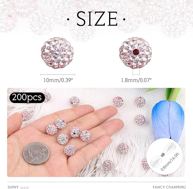 200 Pcs Pink White Rhinestone Beads for Jewelry Making, Sparkle Crystal Clay Christmas for Bracelet Baseball Necklace Earring Crafting and DIY, Shiny Round Shamballa Disco Ball Beads Bulk