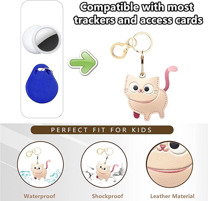 Leather Keychain Holder Case Compatible with AirTag,Cute Protective Cover with Keyring,Anti-Scratch Finder GPS Tracker Case for Wallet Keys,Bag,Pets(Cat C)