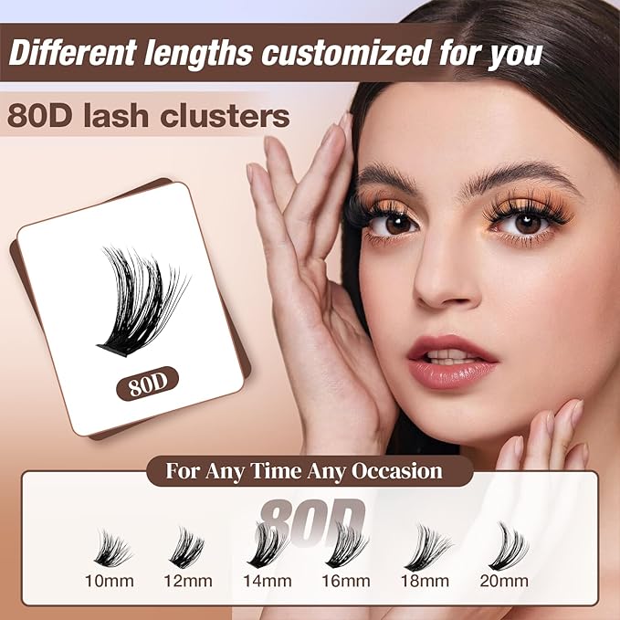 AILAISHI Lash Clusters Kit, DIY Cluster Eyelash Extensions 10‑20mm, 80D, 240pcs Fluffy D Curl Natural Lashes with Bond & Seal,Remover,Tweezers – Fake Cat Eye Individual Clusters