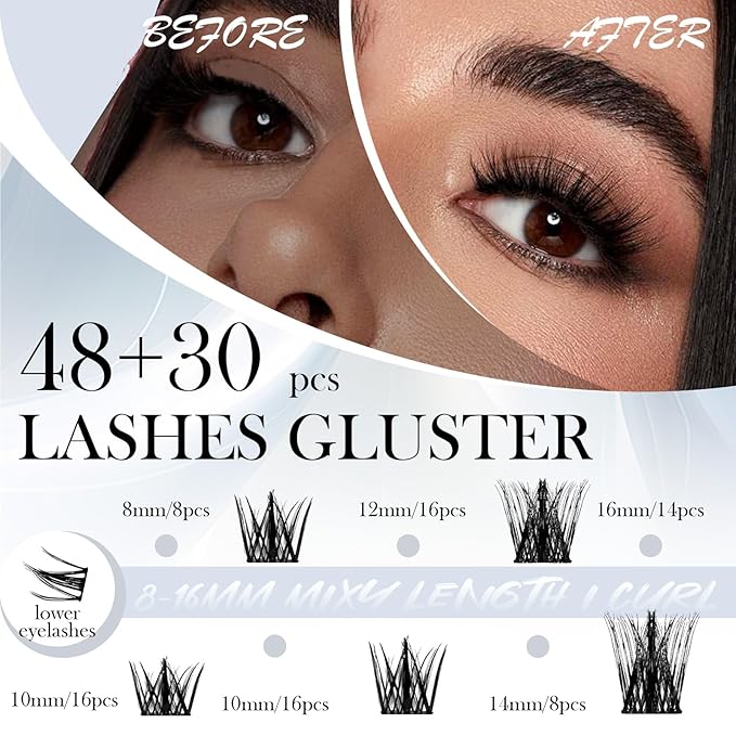 Dnrnaw Lash Clusters Kit for Sensitive Eyes - Salon-Quality DIY Eyelash Extensions, Waterproof & Hypoallergenic, | Includes 8-16mm Wispy & Fluffy Clusters, Adhesive, Seal, Tools (Natural-(black box)