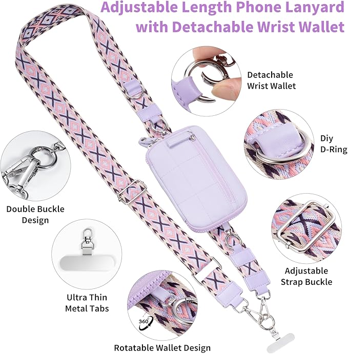 Clip and Go Strap for Phone with Wallet Crossbody Phone Lanyard with Anti-Theft Zipper Pouch Detachable Quilted Wrist Wallet with RFID and ID Window for Daily Travel. Purple Large