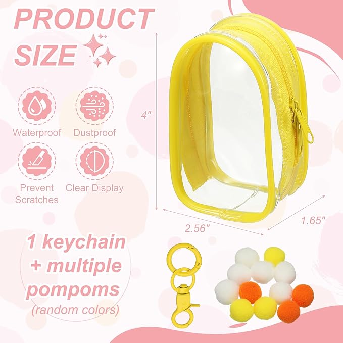 uxcell 4 Inch Clear Figure Display Bag, Mini Clear Pouch Waterproof Coin Pouch with Keychain and Pom Poms for Blind Box Doll Display (Oval, Yellow)